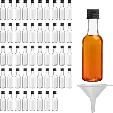 BELLE VOUS Mini Botellas de Licor (Pack de 48) - Botellas Pequeñas de Plástico 50ml Vacías - Tapa Negra de Rosca y Embudo - Botellas Reutilizables, Fácil Llenado - Mini Botella para Bodas y Fiestas